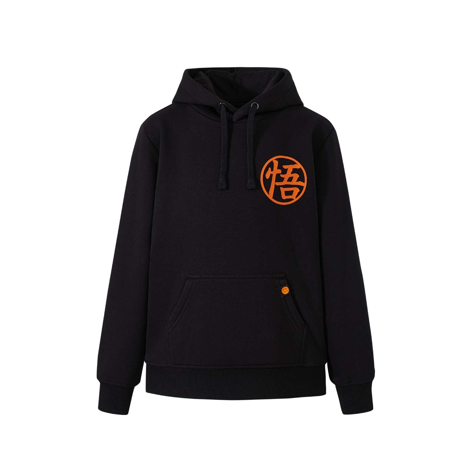 Polerón negro con capucha de Dragon Ball, presenta a Goku en acción con su famoso puño hacia adelante, estampado vibrante en la espalda.