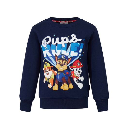 Polerón azul de Paw Patrol con ilustración vibrante de Chase, Marshall y Rubble, destacando el lema 'Pups Rule!' en un diseño divertido y colorido.