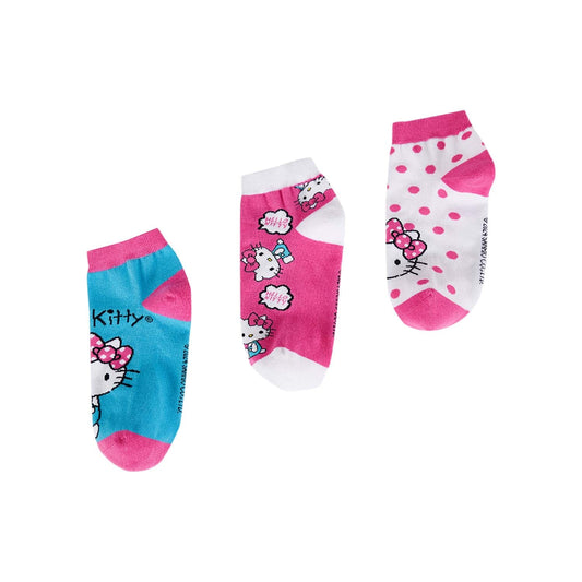 Tripack de calcetas de Hello Kitty en colores vibrantes: azul con estampado de la gatita, rosa con burbujas y blanco con lunares rosas, perfectas para fans.