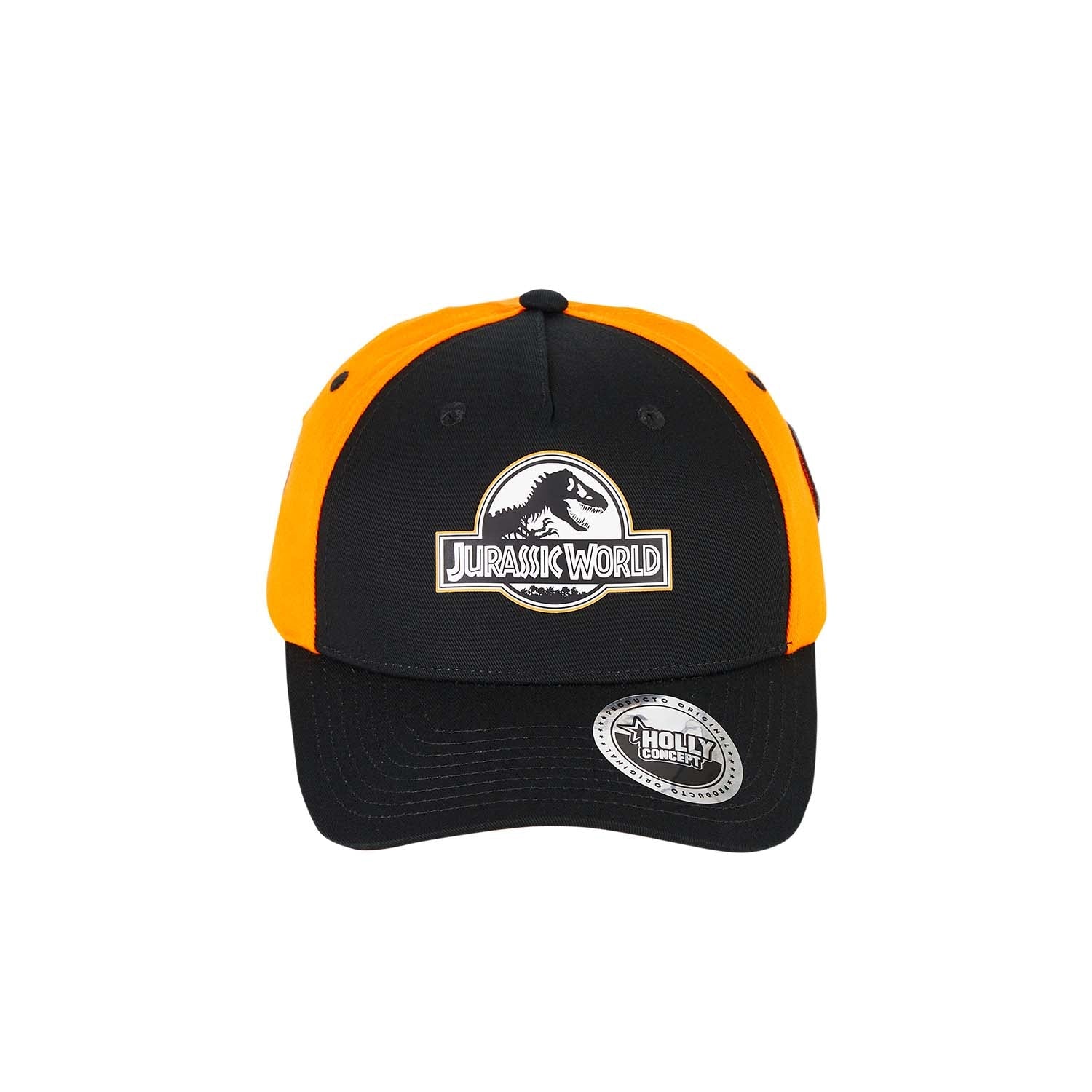 Jockey de color naranjo y negro con el icónico logo de Jurassic World en el frente, ideal para los fans que quieren llevar su amor por los dinosaurios a todas partes.