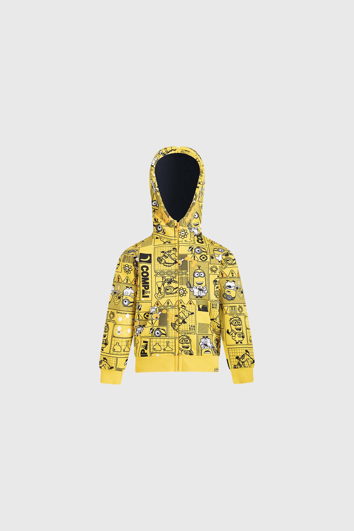 Polerón amarillo con estampado de Minions en ilustración en blanco y negro, presenta divertidos personajes en varias poses, ideal para fans de la saga.