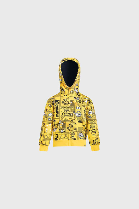 Polerón amarillo con estampado de Minions en ilustración en blanco y negro, presenta divertidos personajes en varias poses, ideal para fans de la saga.