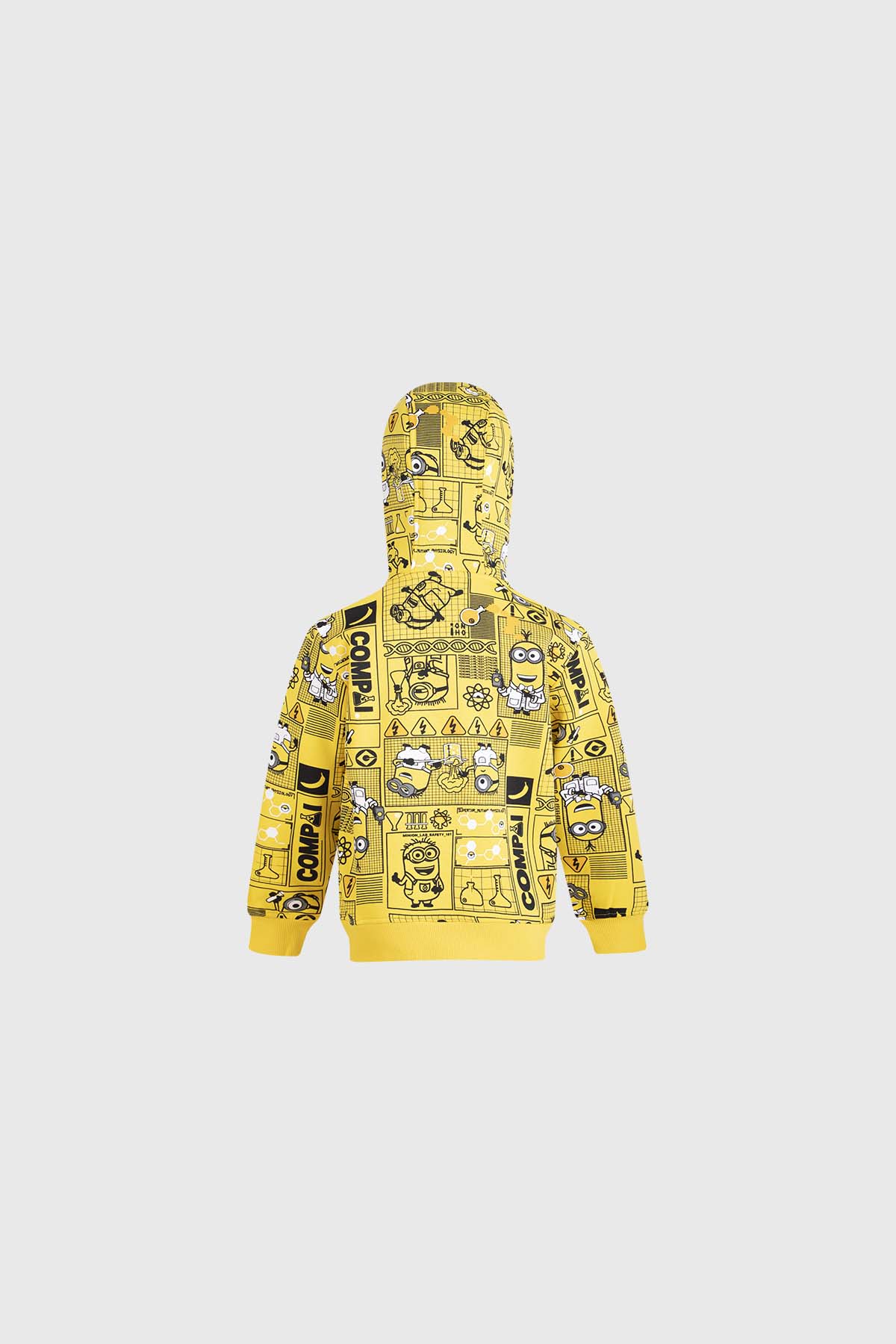 Polerón amarillo con estampado de Minions en ilustración en blanco y negro, presenta divertidos personajes en varias poses, ideal para fans de la saga.