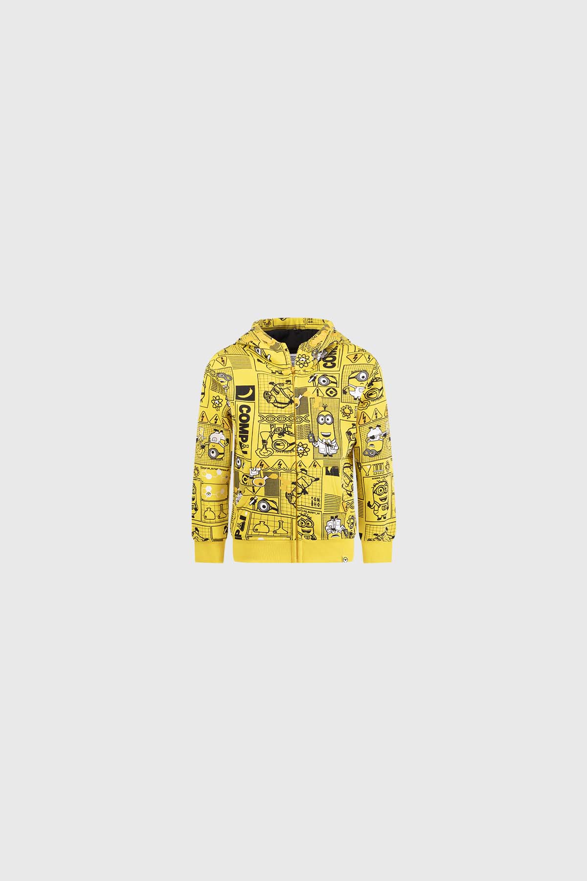 Polerón amarillo con estampado de Minions en ilustración en blanco y negro, presenta divertidos personajes en varias poses, ideal para fans de la saga.