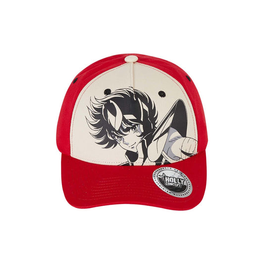 Jockey rojo con diseño frontal de Seiya, el Caballero de Pegaso, en ilustración en blanco y negro, evocando su valentía en la saga de Los Caballeros del Zodiaco.