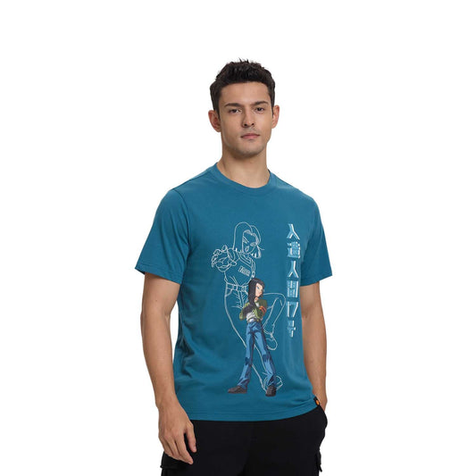 Polera azul de algodón con ilustración de Android 17 en pose desafiante, destacando su icónica vestimenta y detalles en blanco, perfecta para fans de Dragon Ball.