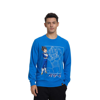 Polerón azul con ilustración de Vegeta en pose desafiante y Goku en fondo, estilo anime, captura la esencia de Dragon Ball, ideal para fans.