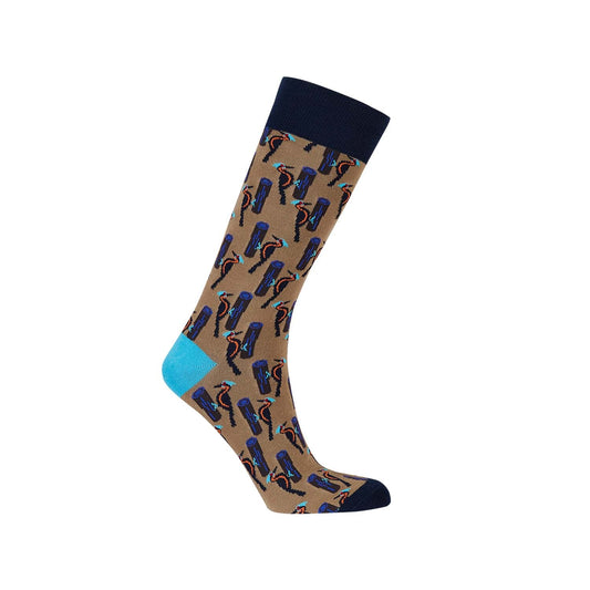 Calcetín de vestir beige con estampado de personajes icónicos en acción, detalles en azul y negro, ideal para fans de la cultura pop.
