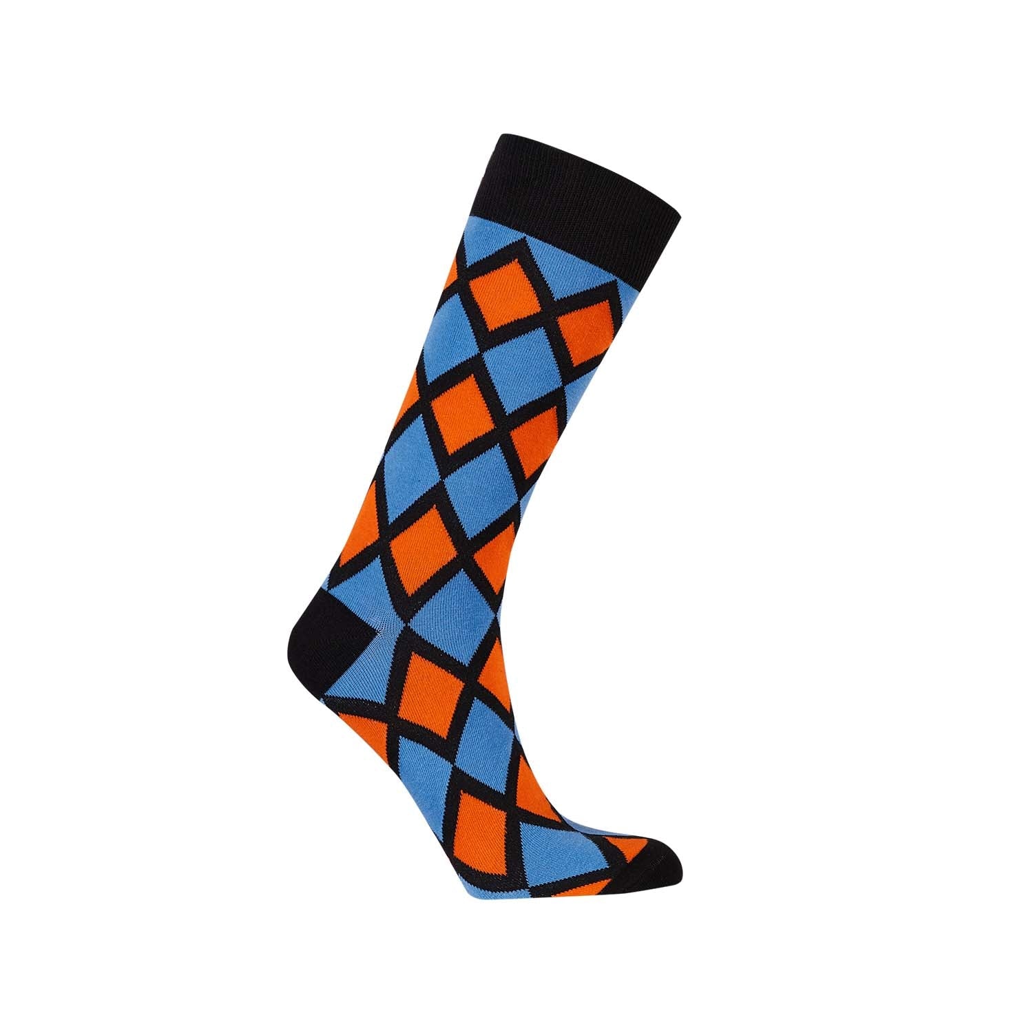 Calcetín de vestir celeste con un diseño de rombos en tonos naranja y negro, ideal para añadir un toque divertido y colorido a cualquier atuendo.