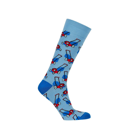 Calcetín de vestir celeste con estampado de cortadoras de césped en rojo y azul, ideal para fanáticos de la jardinería o la cultura pop.