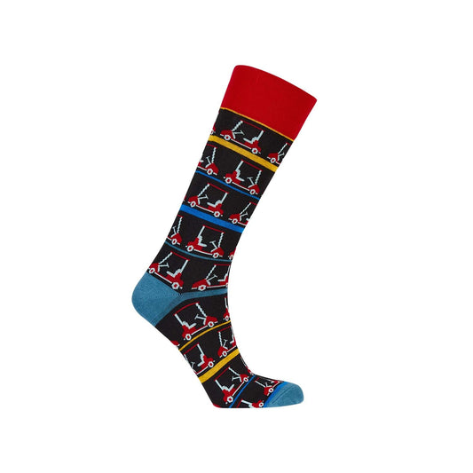 Calcetín de vestir negro con estampado de patinetas en rojo, azul y amarillo, ideal para mostrar tu estilo geek mientras recorres la ciudad.