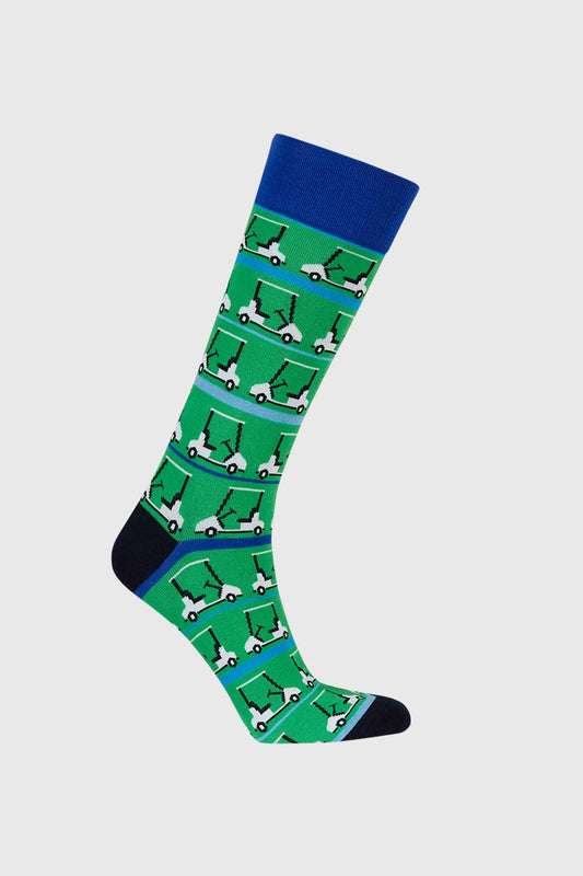 Calcetín de vestir verde con estampado de carritos de golf en blanco y negro, detalles en azul en la parte superior, ideal para fanáticos del golf.