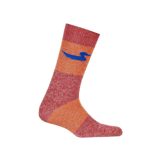 Calcetín de vestir naranjo con detalles en rojo y un diseño de pato azul en el centro, ideal para los fanáticos que buscan un toque divertido y original.
