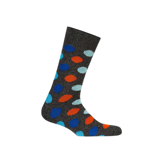 Calcetín de vestir negro con estampado de círculos en tonos azul, naranja y celeste, ideal para añadir un toque divertido y geek a cualquier outfit.