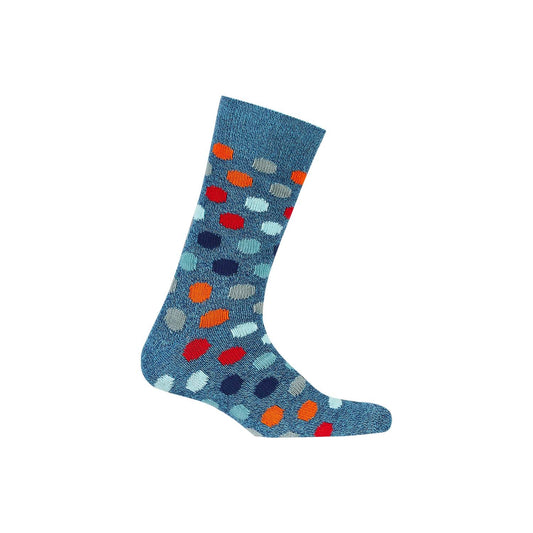 Calcetín de vestir en color petróleo con un diseño vibrante de círculos en tonos rojos, azules y grises, ideal para expresar tu estilo geek.