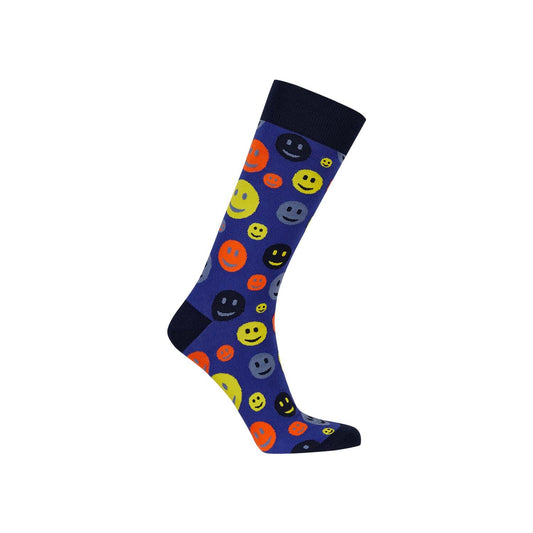 Calcetín de vestir azul claro con un alegre estampado de emoticonos sonrientes en colores vibrantes como amarillo, naranja y negro, ideal para añadir un toque divertido a cualquier outfit.