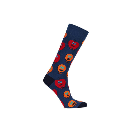 Calcetín de vestir azul oscuro con divertidos personajes de frutas sonrientes en tonos rojo y naranja, ideal para mostrar tu estilo geek y alegre.