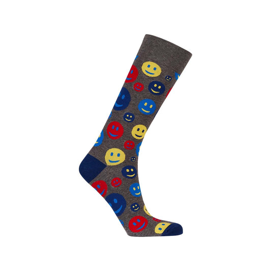 Calcetín de vestir gris con estampado de emoticonos sonrientes en colores rojo, amarillo y azul, ideal para expresar alegría y estilo en cualquier ocasión.