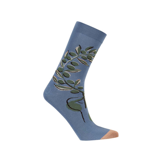 Calcetín de vestir azul con un elegante diseño de hojas en tonos verdes y detalles en rosa en la puntera, ideal para un look moderno y distintivo.