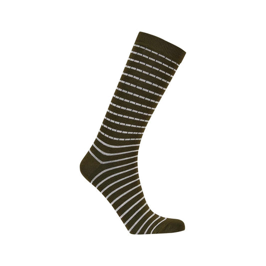 Calcetín de vestir café con rayas blancas en diseño moderno, ideal para quienes buscan un toque elegante y geek en su atuendo diario.