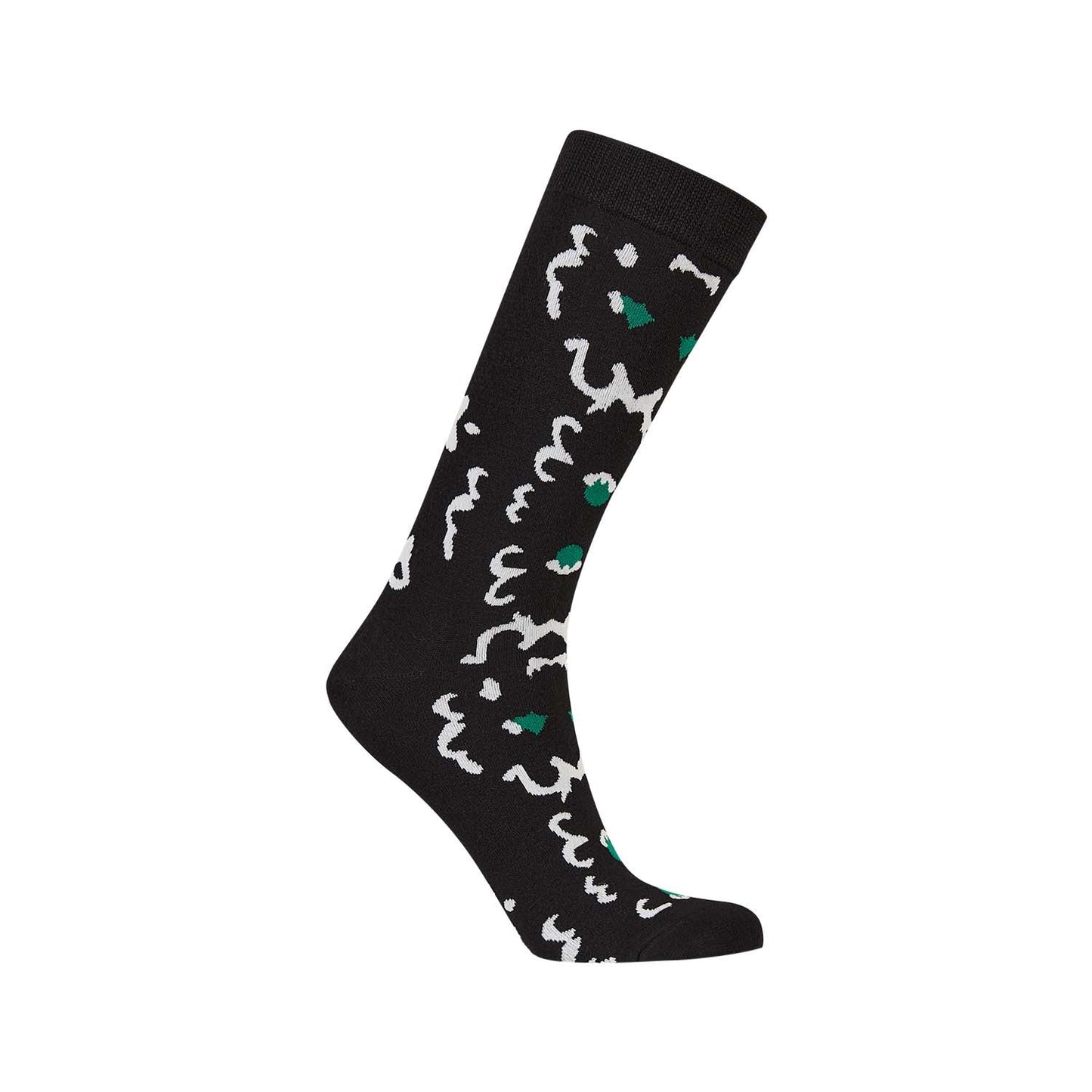 Calcetín de vestir negro con un diseño abstracto en blanco y verde, ideal para dar un toque moderno y geek a cualquier outfit.