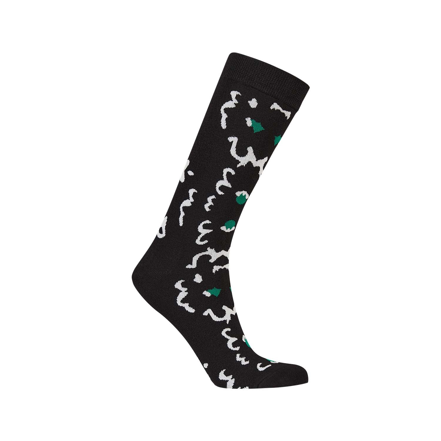 Calcetín de vestir negro con un diseño abstracto en blanco y verde, ideal para dar un toque moderno y geek a cualquier outfit.