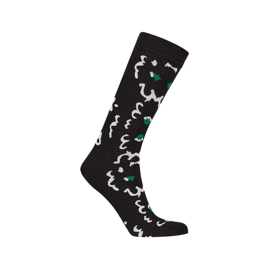Calcetín de vestir negro con un diseño abstracto en blanco y verde, ideal para dar un toque moderno y geek a cualquier outfit.
