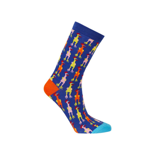 Calcetín de vestir azul con estampado de dinosaurios en colores vibrantes como rosa, verde y naranja, ideal para fanáticos de la cultura pop.