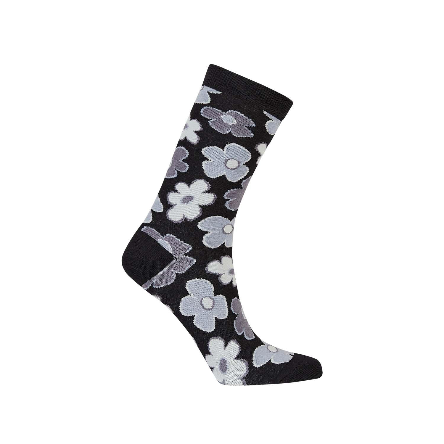 Calcetín de vestir gris y negro con estampado floral en tonos claros, ideal para quienes buscan un toque de estilo único y moderno.
