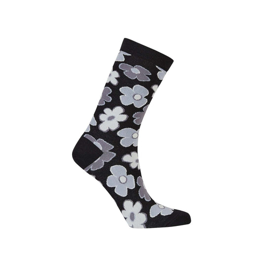 Calcetín de vestir gris y negro con estampado floral en tonos claros, ideal para quienes buscan un toque de estilo único y moderno.