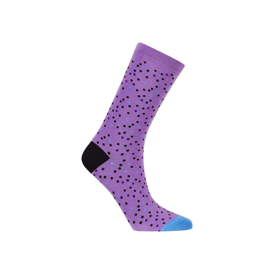 Calcetín de vestir lila con un diseño alegre de puntos negros y azules, ideal para añadir un toque divertido a cualquier outfit.