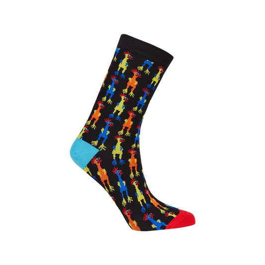 Calcetín de vestir negro con estampado colorido de dinosaurios en rojo, azul y amarillo, ideal para los fans de la cultura pop y los clásicos de aventura.