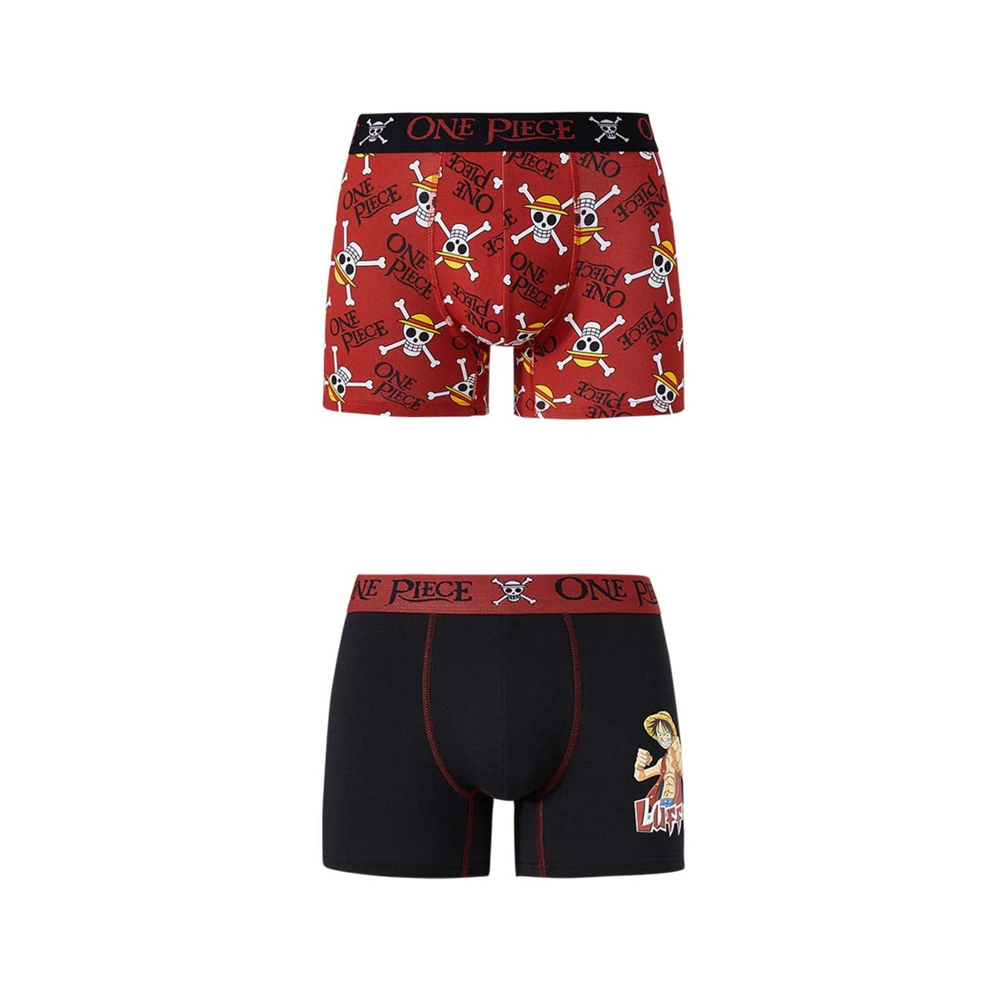 Bóxer rojo y negro de One Piece con estampado de calaveras y el logo de la serie en rojo, presenta a Luffy en acción en un diseño divertido y cómodo.