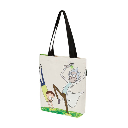 Bolsa verde de Rick & Morty con ilustración de Rick y Morty en acción, destacando su icónica locura en un fondo de portal verde.