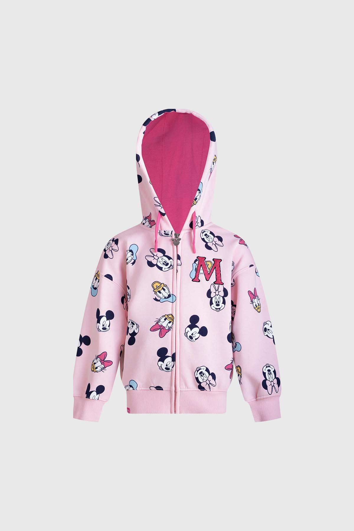 Polerón rosado con estampado de Mickey y sus amigos en diferentes poses, con capucha y detalles en fucsia, ideal para fans de Disney.