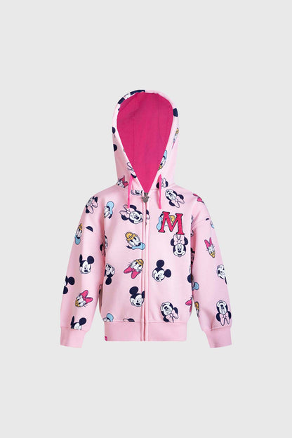 Polerón rosado con estampado de Mickey y sus amigos en diferentes poses, con capucha y detalles en fucsia, ideal para fans de Disney.
