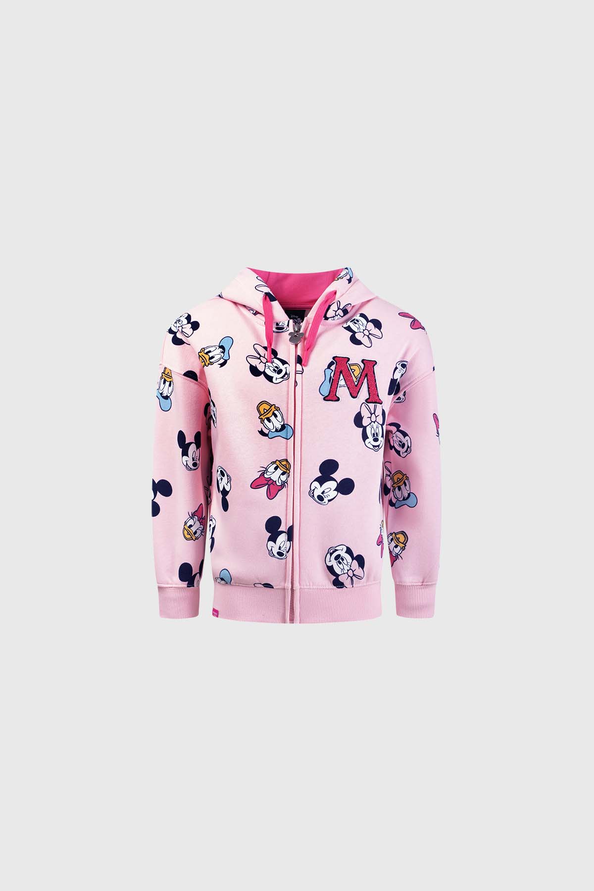 Polerón rosado con estampado de Mickey y sus amigos en diferentes poses, con capucha y detalles en fucsia, ideal para fans de Disney.