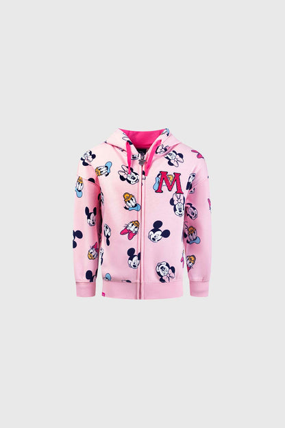 Polerón rosado con estampado de Mickey y sus amigos en diferentes poses, con capucha y detalles en fucsia, ideal para fans de Disney.