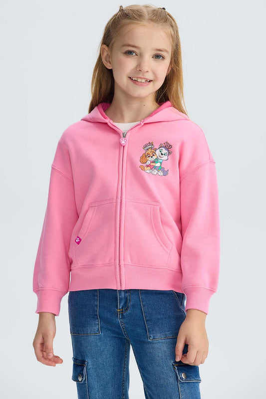 Polerón rosado con capucha y cierre, presenta ilustración de Skye y Everest de Paw Patrol, en estilo cartoon, ubicados en el pecho, ideal para fans.