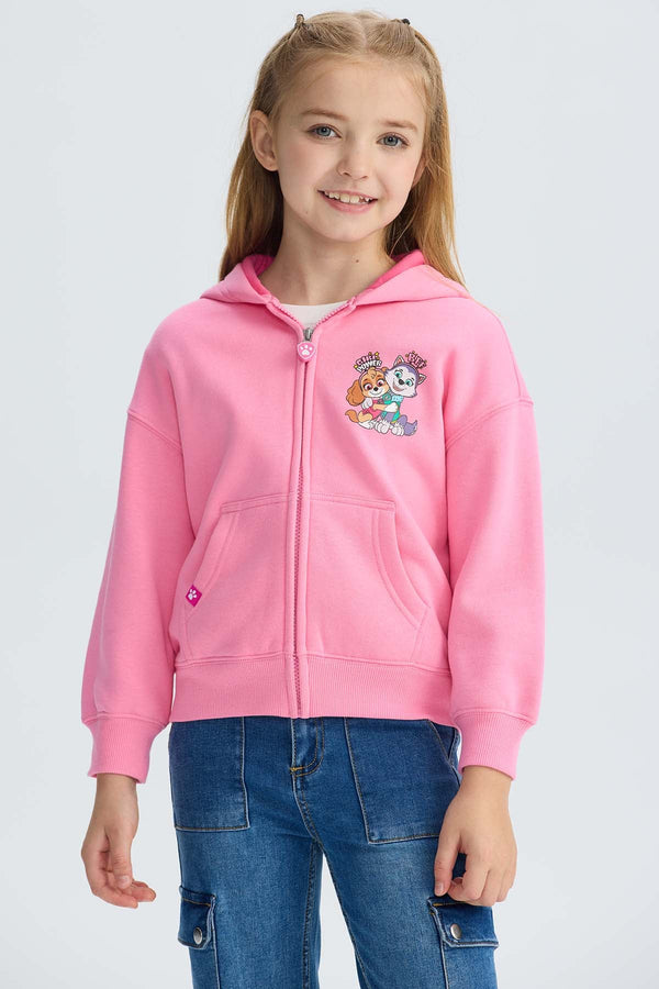 Polerón rosado con capucha y cierre, presenta ilustración de Skye y Everest de Paw Patrol, en estilo cartoon, ubicados en el pecho, ideal para fans.