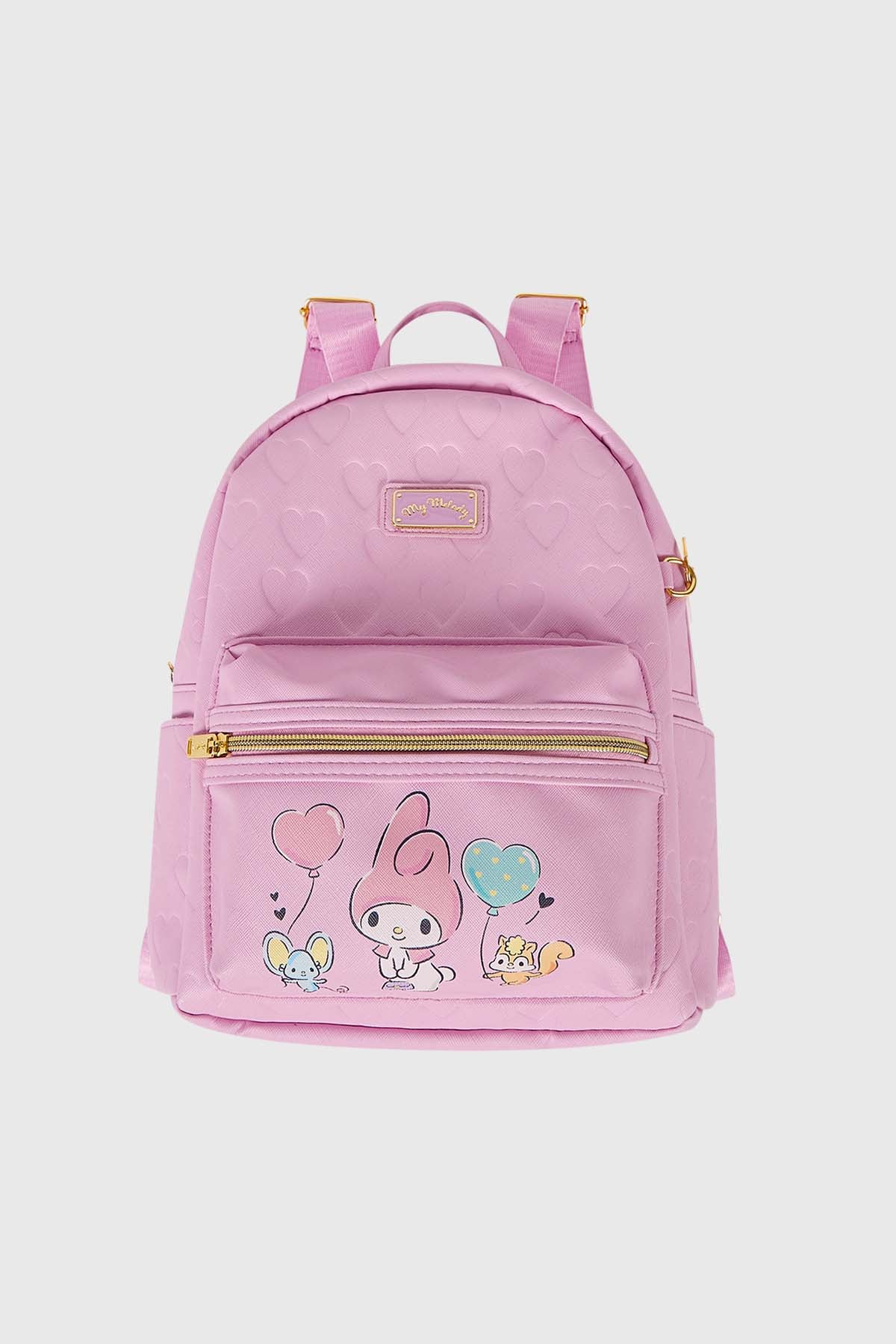 Mochila rosada de My Melody con diseño adorable que muestra a My Melody sosteniendo globos junto a sus amigos, perfecta para los fans de Sanrio.