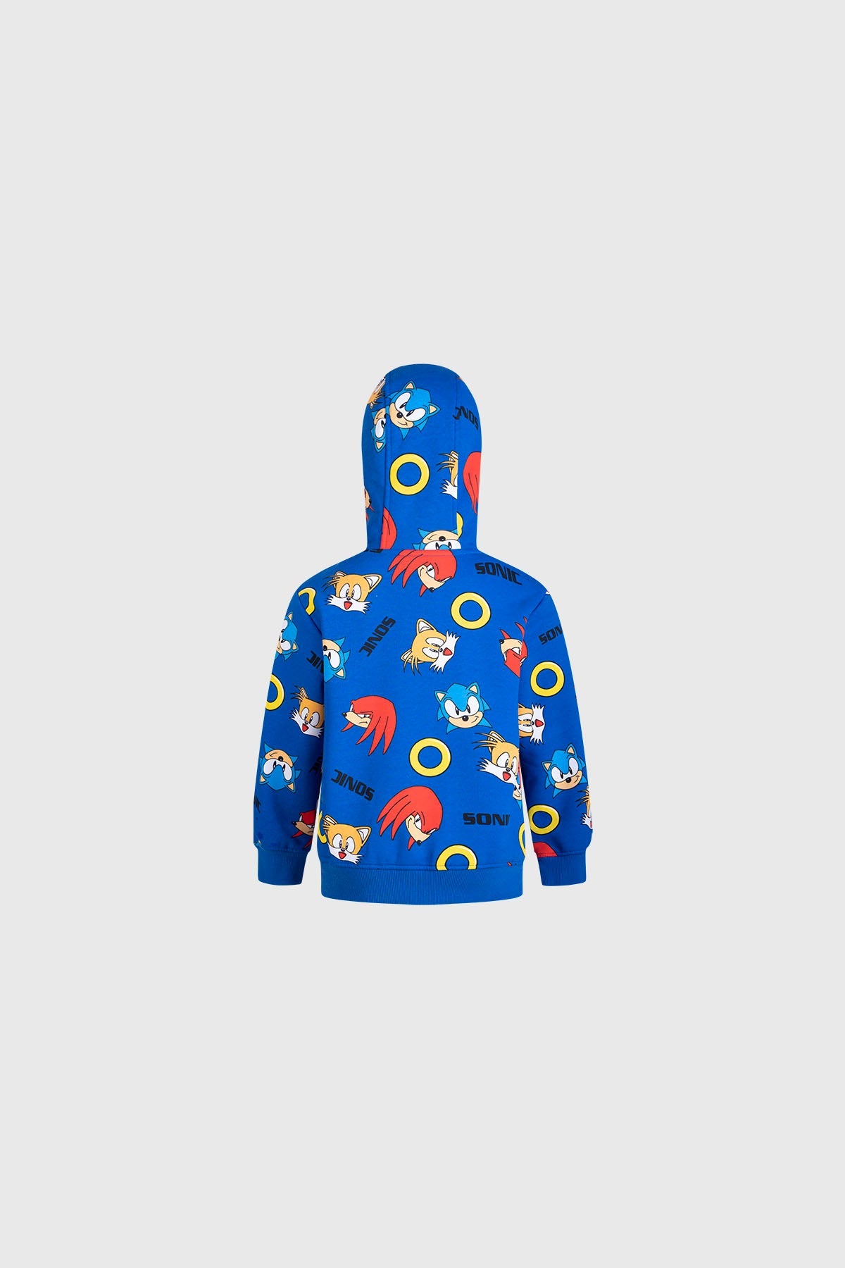 Polerón azul con capucha que presenta un vibrante estampado de Sonic, Tails y Knuckles en diversas poses, resaltando su energía y velocidad.