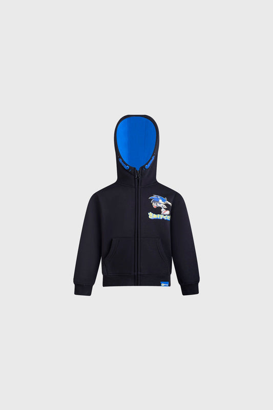 Polerón negro con capucha, estampado de Sonic en colores vibrantes, diseño que evoca la velocidad y aventura del universo de videojuegos.