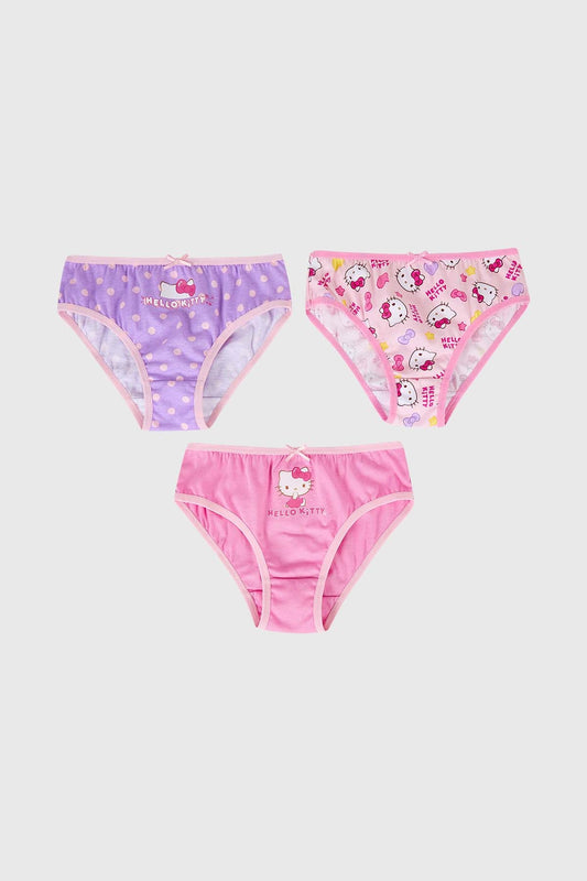 Calzón tripack de Hello Kitty en tonos lilas y rosas, con estampados de la icónica gatita en diferentes poses, ideal para fans de Sanrio.