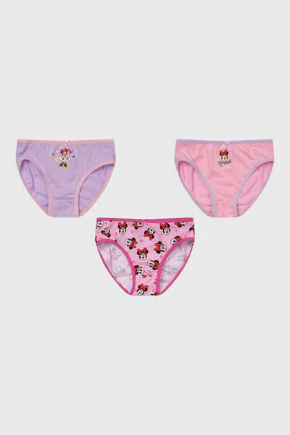 Calzón tripack en tonos lilas y rosas con estampados de Minnie Mouse, incluye ilustraciones de la icónica ratona en poses divertidas, ideal para fans de Disney.