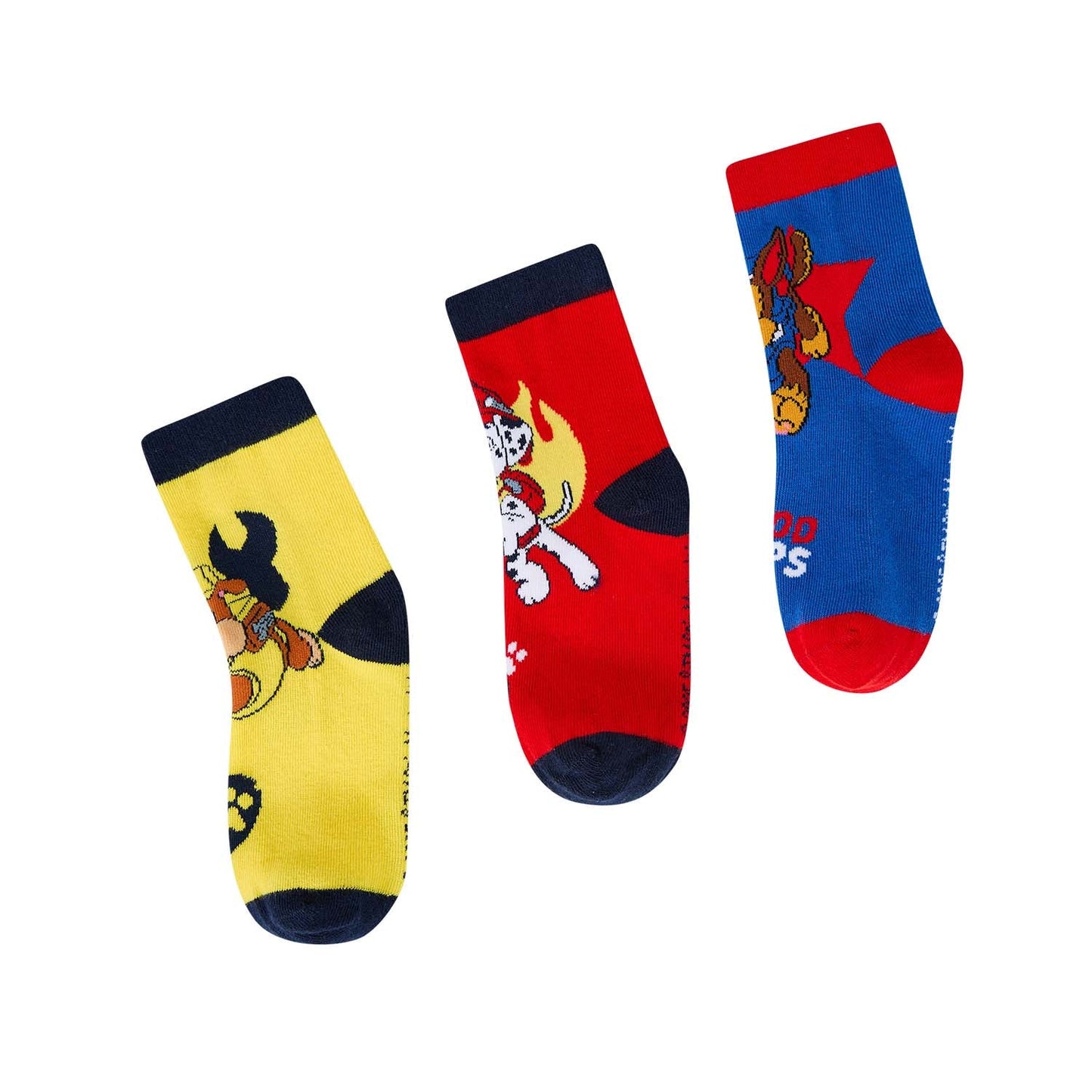 Tripack de calcetines de Paw Patrol en amarillo, rojo y azul, con diseños de personajes icónicos como Marshall y Chase, perfectos para fans de la serie.