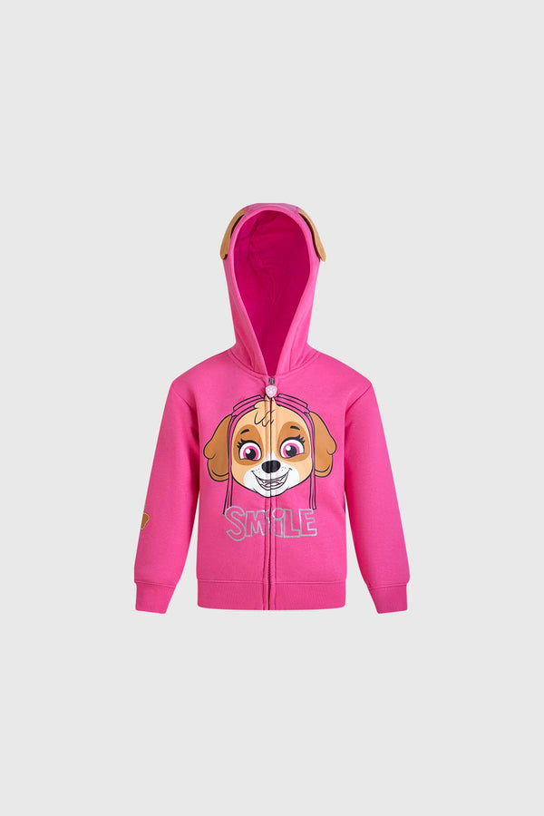 Polerón rosado con capucha de Paw Patrol, presenta a Skye con orejas de perro y el texto 'SMILE' en letras brillantes, ideal para fans de la serie.
