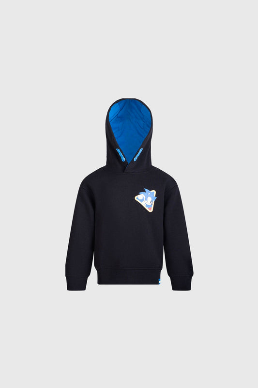Polerón negro con capucha que presenta un diseño de Sonic, el icónico erizo azul, en un estampado colorido en el pecho, ideal para fans de videojuegos.