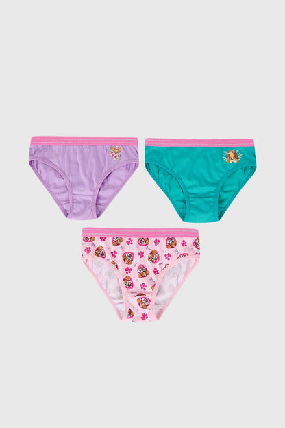 Calzón tripack de Paw Patrol en tonos morado, verde y rosa con estampados de Skye, ideal para pequeñas aventureras fanáticas de la serie.