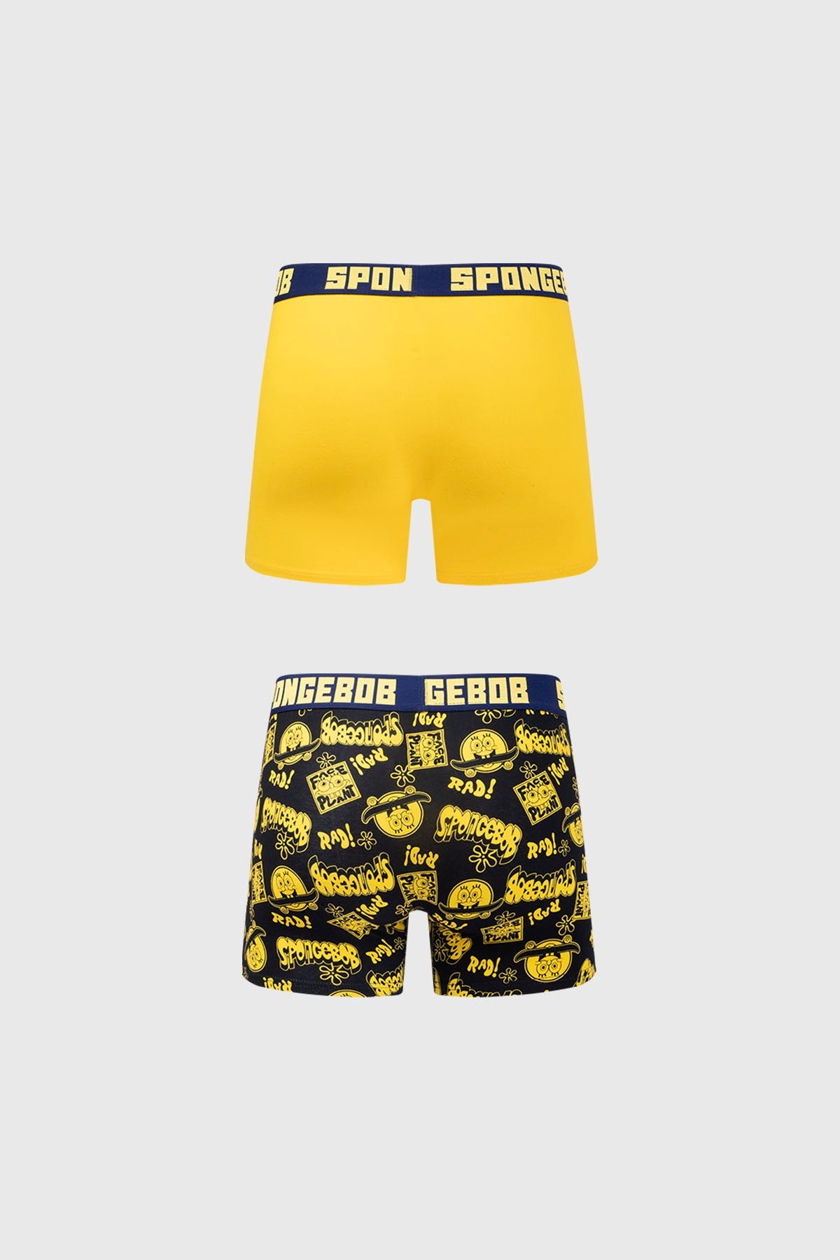 Bóxer amarillo de Bob Esponja con un diseño frontal de su cara y estampado negro con frases icónicas, ideal para fanáticos de Nickelodeon.